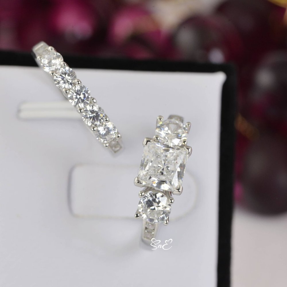 NEW 3 STONE REAL 925 PRINCESS DIAMOND CUT WEDDING RINGS ENGAGEMENT RING - Picture 3 of 8